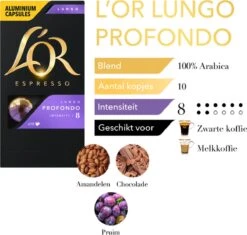 L'OR Lungo Profondo Koffiecups - Intensiteit 8/12 - 10 X 10 Capsules -Koffiemelk Winkel 1200x1140
