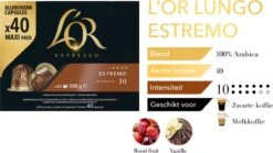 L'OR Lungo Estremo Koffiecups - Intensiteit 10/12 - 4 X 40 Capsules -Koffiemelk Winkel 1200x676