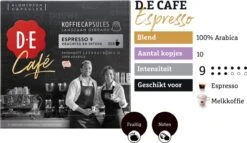 Douwe Egberts D.E Café Espresso Koffiecups - Intensiteit 9/12 - 10 X 20 Capsules 13 Douwe Egberts D.E Café Espresso Koffiecups - Intensiteit 9/12 - 10 X 20 Capsules -Koffiemelk Winkel 1200x697