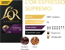 L'OR Espresso Supremo Koffiecups - Intensiteit 10/12 - 10 X 10 Capsules -Koffiemelk Winkel 1200x933