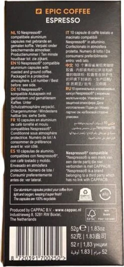100 Capsules Epic Coffee - Espresso - Nespresso® Compatible Aluminium Capsules - RFA Keurmerk - Doos 100 Stuks -Koffiemelk Winkel 556x1200