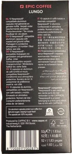 100 Capsules Epic Coffee - Lungo - Nespresso® Compatible Aluminium Capsules - RFA Keurmerk - Doos 100 Stuks 17 100 Capsules Epic Coffee - Lungo - Nespresso® Compatible Aluminium Capsules - RFA Keurmerk - Doos 100 Stuks -Koffiemelk Winkel 560x1200