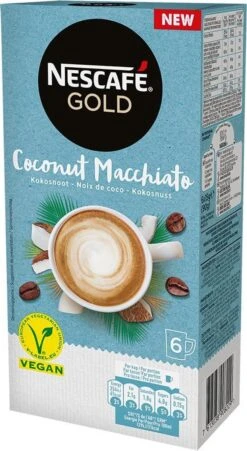 Nescafé Gold Coconut Macchiato Oploskoffie - 6 Doosjes à 6 Zakjes -Koffiemelk Winkel 657x1200